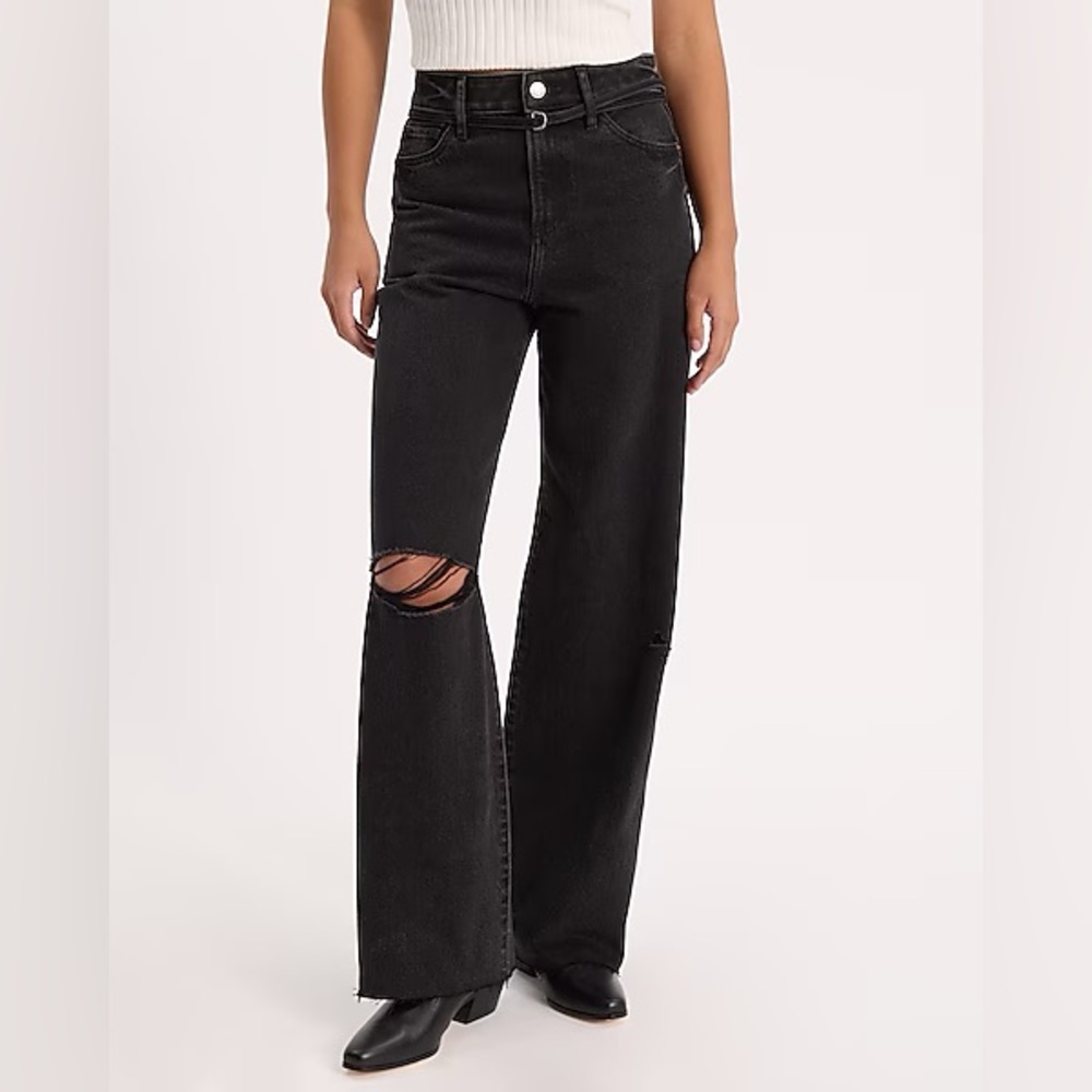 High Waisted Black Wash Rigid Stretch Ripped Wide Leg Jeans- W/O Belt 14 Short